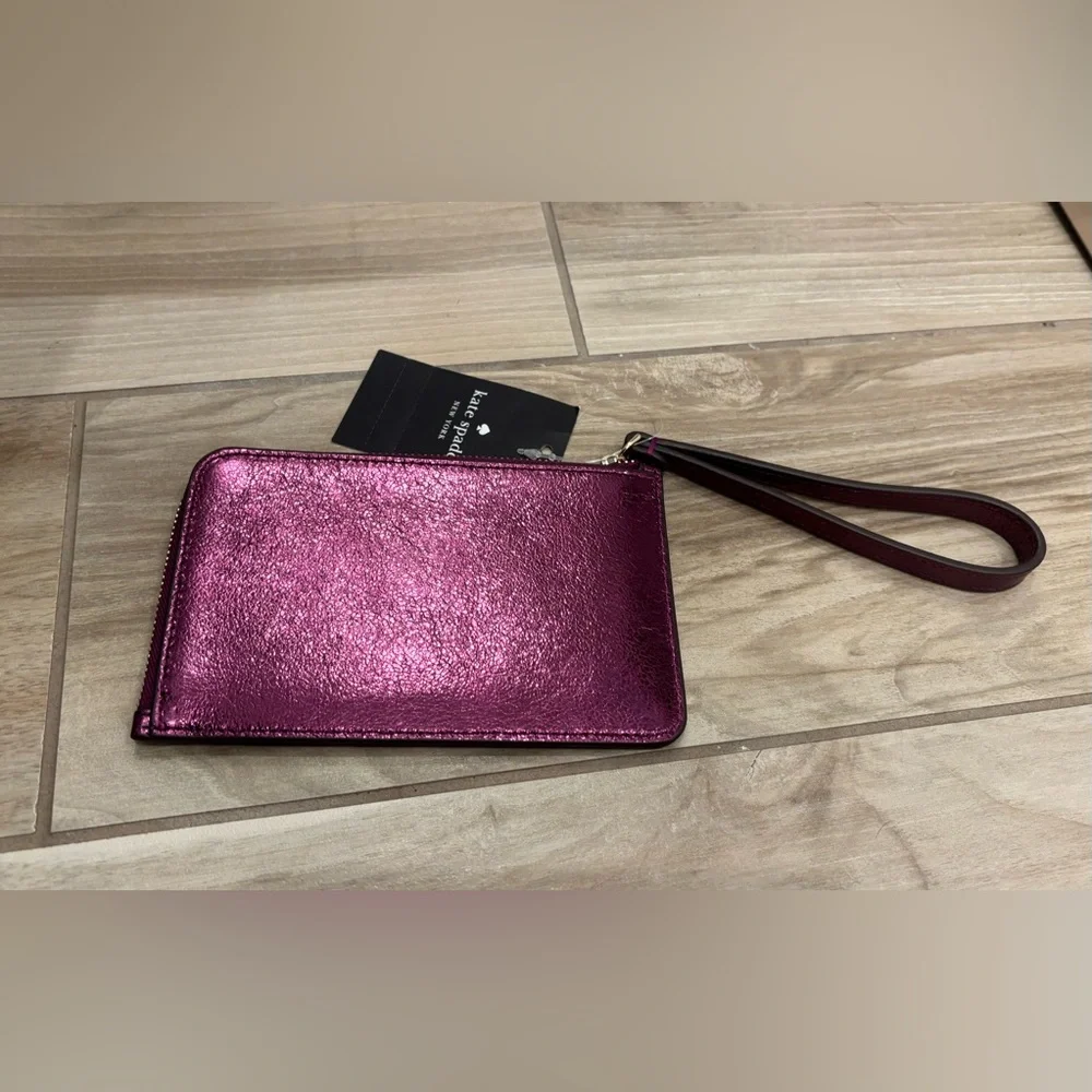 NWT Kate Spade Lucy Metallic Small L-Zip Wristlet in dark raspberry